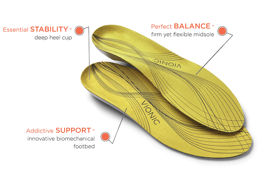 Vionic orthotics offer stability and support.