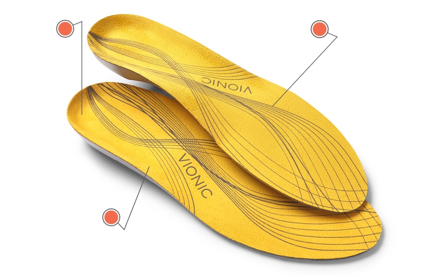 Vionic orthotics offer stability and support.
